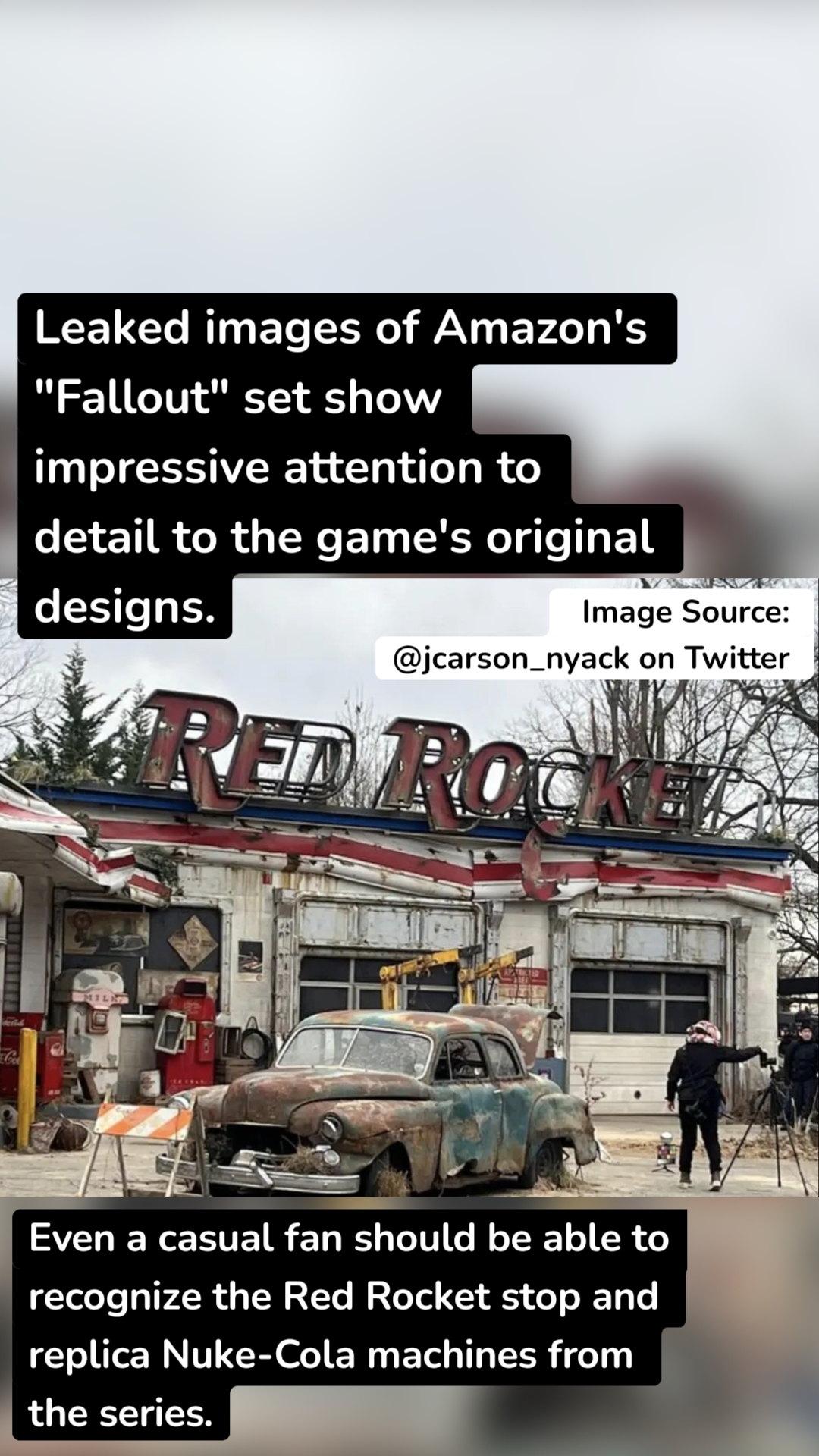 Image Source: 
@jcarson_nyack on Twitter  Even a casual fan should be able to recognize the Red Rocket stop and replica Nuke-Cola machines from the series. Leaked images of Amazon's "Fallout" set show impressive attention to detail to the game's original designs.